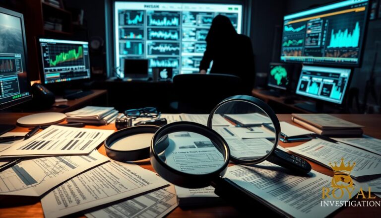 An intricate scene of a modern office filled with high-tech investigation tools, such as computers displaying data analysis, magnifying glasses, and documents scattered across a table, with a shadowy figure examining evidence in the background, emphasizing the theme of fraud investigations, with a subtle logo of 'Royal Investigations' in the corner