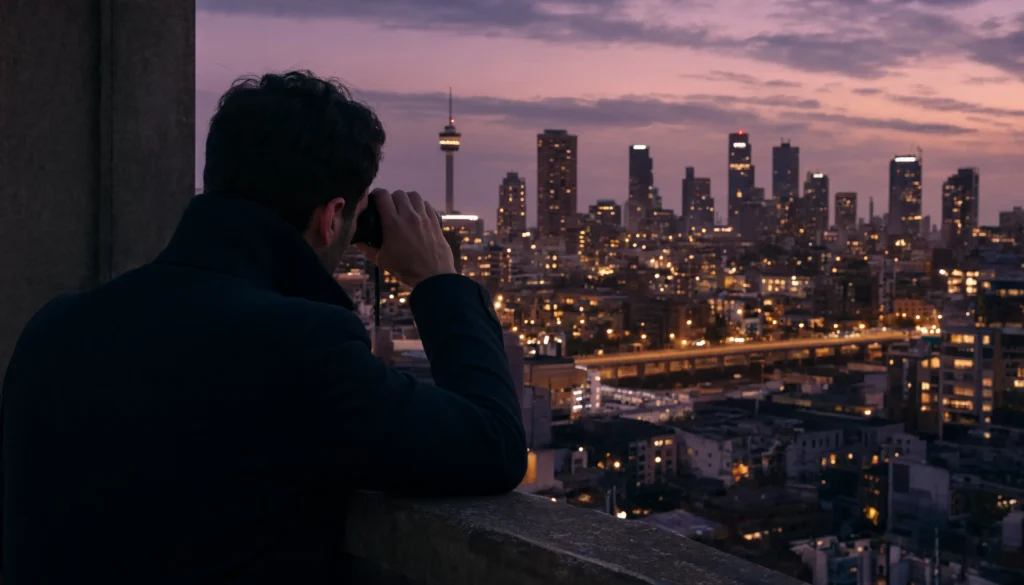 Investigator with binoculars
