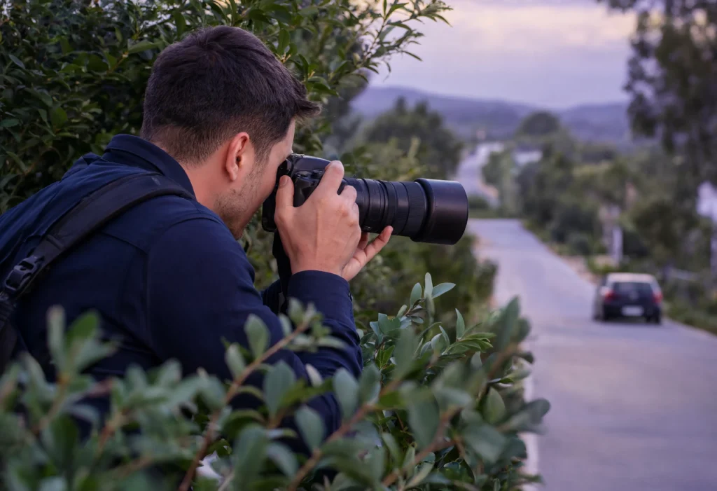Investigator with long lens camera