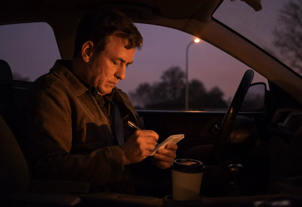 Investigator with notepad in car