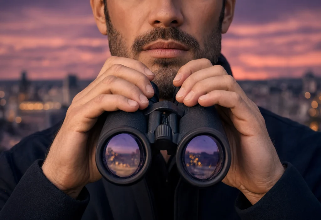 Investigator s hands with binoculars