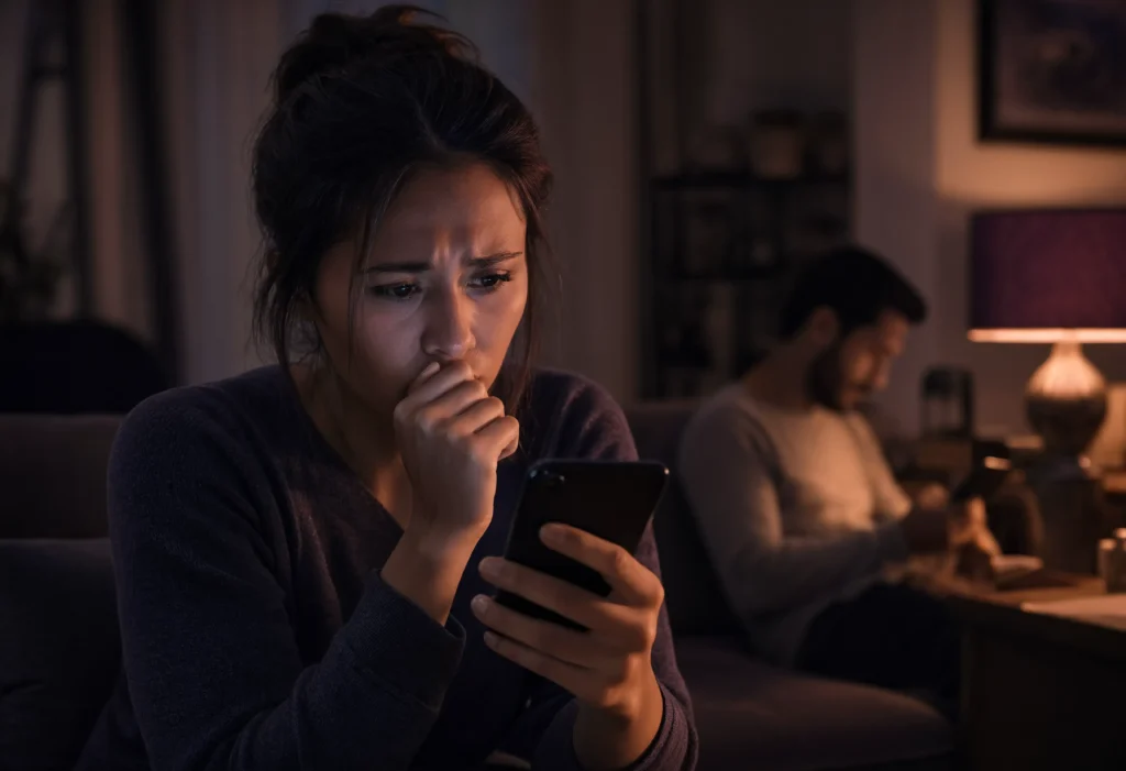 Suspicious spouse with phone